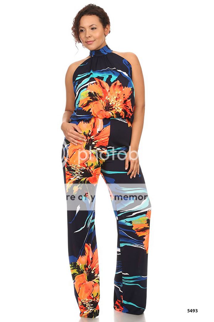 PLUS SIZE Hawaiian Floral Solid Halter High neck Jumpsuit Romper White